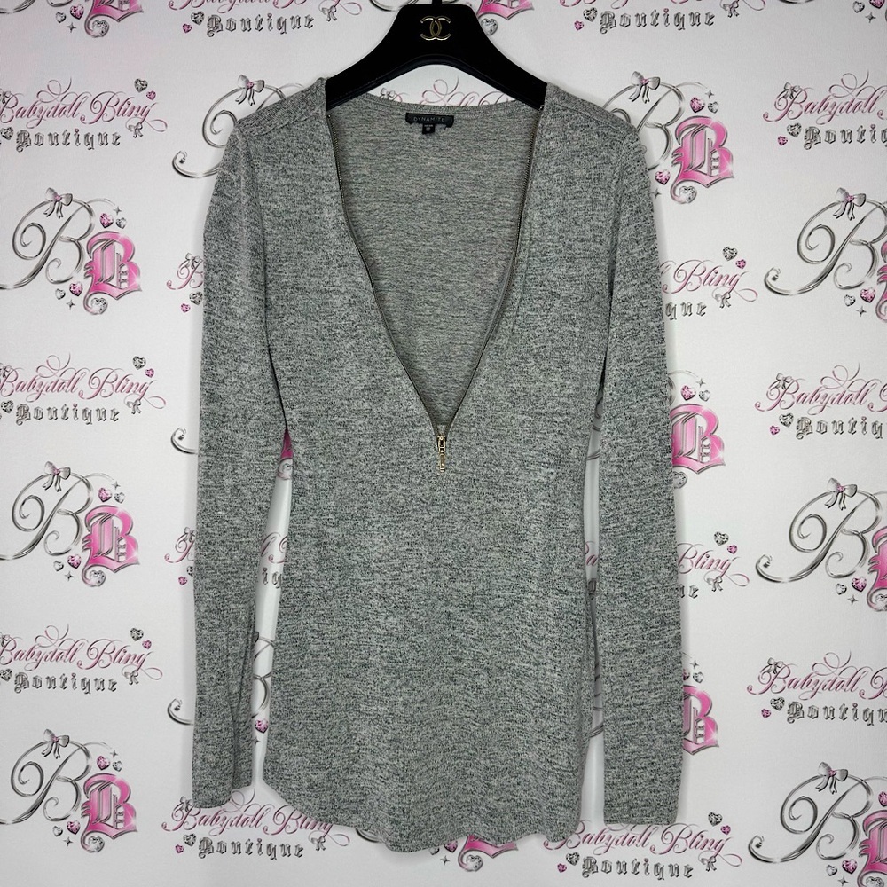 Dynamite top long sleeve zipper zip up grey gold soft stretchy V neck comfy